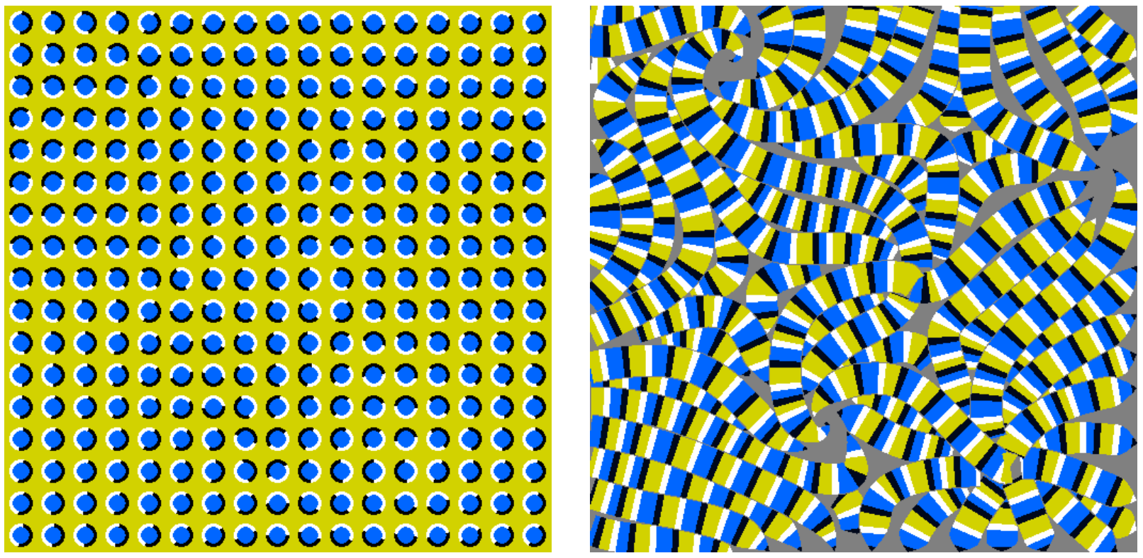 The picture appear to move  because of the arrangement of colors in the small small repeated patterns. Combination of 4 colors gives the best illusion. These 4 colors should be as different from each other as is possible